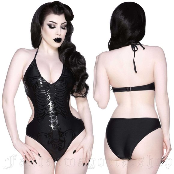 Killstar Other - Killstar Black Ribcage Dig Her Bones One Piece Swimsuit Skeleton Goth Punk Large